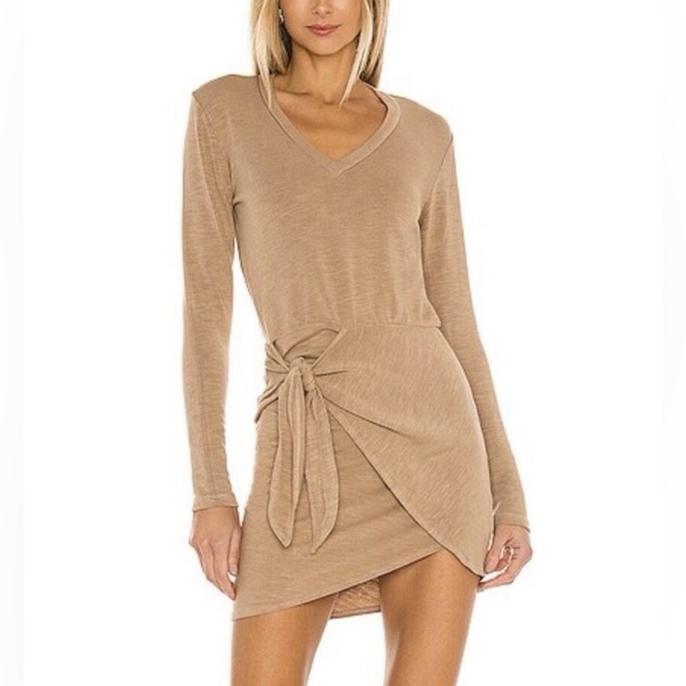 Monrow Supersoft Long Sleeve V Neck Tan Terry Knit Wrap Sweater Dress EUC Size S